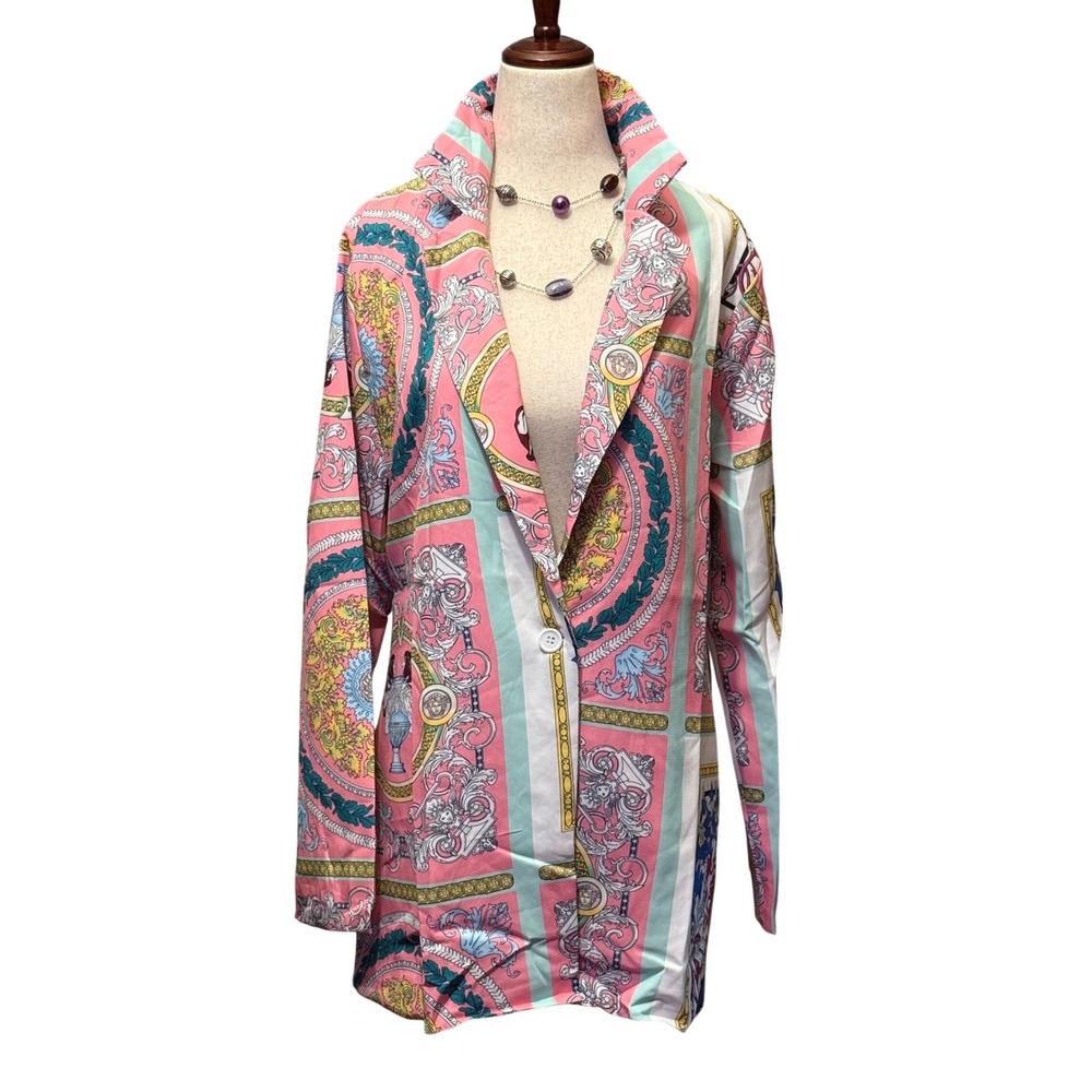 Mundefeis Womens Baroque Scarf Print Blazer Pink Mint Medallion Longline XL NWT‎